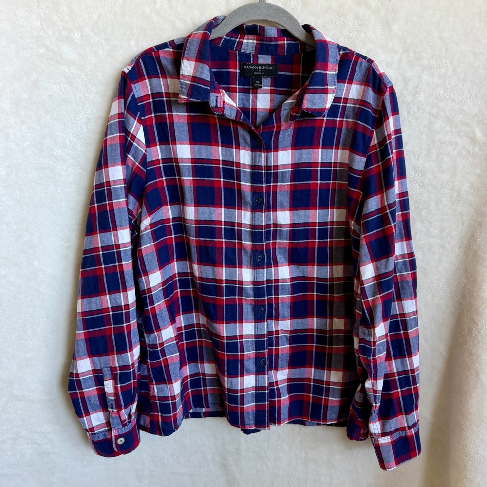 Banana Republic Classic Fit Plaid Flannel Button Down Shirt Navy Red Size XL